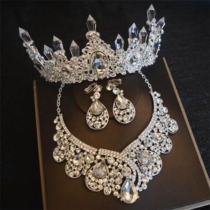Lüks şeffaf başlıklar kristal su damlası gelin taç setleri rhinestone gelin elmas kraliçe tiara kadınlar için düğün saç aksesuarları