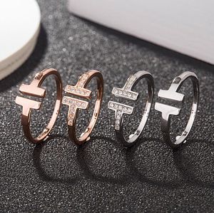 Moda quente amor jóias s925 anéis de prata esterlina para mulheres abertas anéis de diamante rosa letra ouro t estilo anel