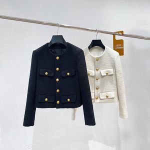 Женские куртки JSXDHK 2021, осень-зима, небольшой ароматный твидовый жакет, пальто, модная женская шерстяная черная короткая верхняя одежда с круглым вырезом и золотой пуговицей