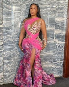 Aso ebi lüks deniz kızı resmi gece elbise glitter pullar çiçek baskısı uzun bölünmüş taraf Afrika balo elbise yanılsaması korse özel nedeni önlük 2023