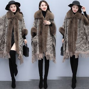 Зимние женские накидки шерстяные шаль PONCHOS POOT FAUX FUR GROAK BATWING Рукав пальто леди элегантная белая одеяка выключить воротник ветрозащитный костюм