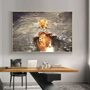 Relibli Cat Lion Pocter Hanvas Art Pogers и Prints Фотографии на стене для гостиной Сильное и слабое животное Роспись домашнего декора