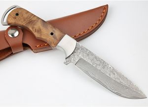Satılık!! Açık Survival Düz Avcılık Bıçağı Şam Çelik Damla Noktası Bıçak Tam Tang Gölge Ahşap Kolu Deri Kılıf Ile Sabit Bıçaklar Bıçaklar