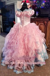 2021 Yeni Vintage Güzel Dantel Pembe Kızlar Pageant Elbiseleri Düğünler İçin Omuz Çıkarma Junior Girls Resmi Elbise Çocuklar Comm283u