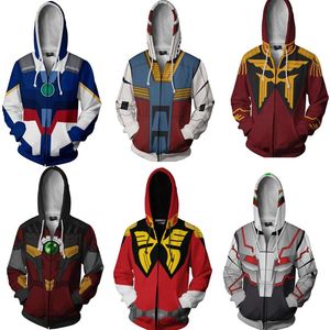 Erkek Hoodies Tişörtü Mobil Suit Gundam 3D Baskılı Cosplay Zip Kazak Savaş Kapüşonlu Ceketler Üniformalar