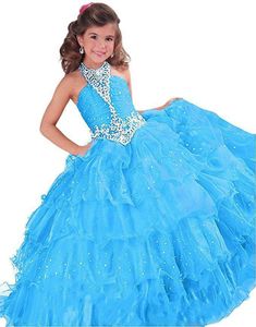 Abito da ballo Royal Blue Red Orange Tulle Glitz Abiti da ragazza di fiori per matrimoni Abiti da spettacolo per ragazze nuove con perline Bambini piccoli