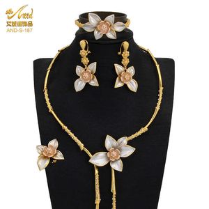Наборы ожерелье для цветов Aniid 2021 Большие Золотые Ювелирные Изделия 24K Китайский 4 шт. Кольца Аксессуары для женщин Бренд Роскошный Афганский головной убор H1022