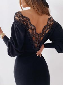 Vestidos casuais sexy laço retalhos de renda para as mulheres outono v-pescoço lanterna manga longa bodycon partido vestido mola camisola 2021