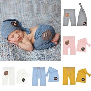 Yenidoğan Bebek Örme Pantolon Düğmeler Ile Düğümlü Şapka Set Moda Bebek Kız Erkek Giyim Çocuk Fotoğraf Sahne Kostüm