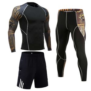 Vestuário de compressão Homens Sportwear Sportwear Jogging Thermal Underwear Suit MMA Rashgard Masculino Male Mangas Longas Leggings Shorts 211006