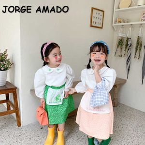 Toptan Bahar Kore Tarzı Bebek Kız 2-ADET Setleri Nakış Peter Pan Yaka Gömlek + Çiçek Etekler Çocuk Giysileri E596 210610