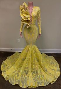 2021 Women Long Prom Dresses Deep V Neck Long Sleeve Mermaid Women Yellow Gala Glitter Sequin Party Evening Dress