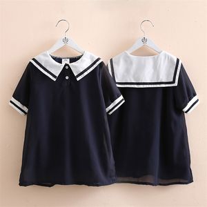 Yaz Askeri Stil 2-8 10 Yıl Çocuk Kısa Kollu Sailor Yaka Çocuk Kızlar Için Patchwork Donanma Mavi Şifon Elbise 210625