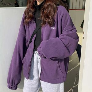 Fermuar Bayanlar Kış Yüksek Kalite Moda Harajuku Tarzı Uzun Kollu Polar Büyük Yuvarlak Boyun Hoodie Kapşonlu Kazak Toptan 210928