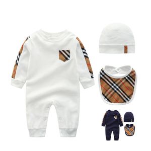 Модная одежда для новорожденных из 3 предметов, хлопковые комбинезоны в клетку в полоску с длинными рукавами для новорожденных мальчиков и девочек, комплекты нагрудников и шапок