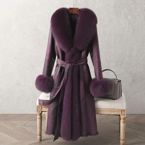 Casaco de pele longo de luxo de alta qualidade grosso casaco de penas quente com cinto imagem real casaco de inverno em estoque