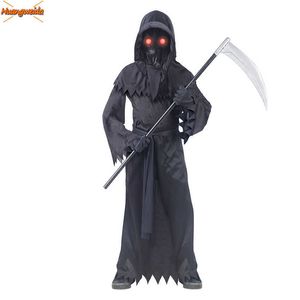 Terror Grim Reaper Costumes Luminous Eyes Death Hook Sickle Boys Cosplay Anime Children Halloween Costume for Kids Carnival Prop Q0910