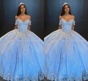 Bling Tulle Bahama Blue Quinceanera Dresses Ball Gown Off The Shoulder Applique Lace Beaded Crystal Open Back Lace-up Prom Graduation Formal