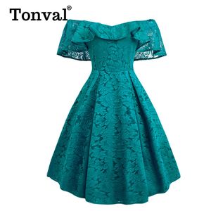 Tonval Vintage Turkuaz Çiçek Dantel Fırfır Elbise Kapalı Omuz Seksi Kadın Parti Gece Fit ve Flare Zarif Elbiseler Y0118