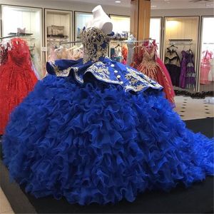 Cristalli di lusso in rilievo Royal Blue Quinceanera Abiti 2021 Cascading Ruffles Ricamo Gonna a file Sweet 16 Dress Sweetheart Neck Princess Ball Gown Prom Gowns