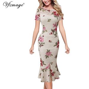 VFEMAGE Bayan Zarif Vintage Çiçek Dantel Leopar Sonbahar Ofis İş Akşam Parti Bodycon Kalem Mermaid Midi Elbise 1090 210316