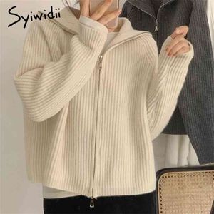 Syiwidii Vintage Knitted Cardigan Harajuku Sweaters for Women Fall Fashion Double Zipper Oversized Jacket Black Beige Coats 210922