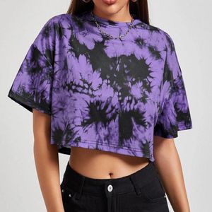Женская футболка фиолетового цвета с принтом тай-дай, укороченные топы, мини-футболки, женская мода в стиле Харадзюку, свободные короткие, лето 2021, сексуальная уличная одежда для девочек