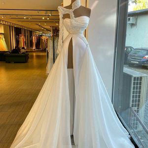 White A Line Evening Dresses Sexy Beading High Neck Long Sleeve Party Gowns Bling Bling Prom Sequins Dress vestidos