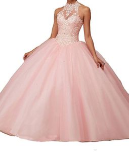 Personalizado desconto quinceanera vestido halter sem mangas sem encosto uma linha longa vestidos de baile formal tulle rendas vermelho vestidos de baile rosa