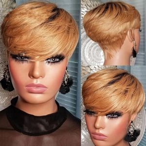 Honey Blonde Ombre Bob Pixie Cut Wig T1B/27 Straight Human Hair No Lace Front with Bangs for Black Women