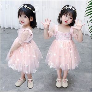 Kızlar Prenses Elbise 2021 Yaz Net İplik Küçük Kız Elbise Çocuklar Kısa Kollu Tutu Etekler Çocuk Dantel Gazlı Bez Etek