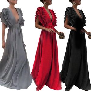 Günlük Elbiseler Yaz Vintage Maxi Ruffles Elbise Kadınlar Için 2021 Balo Akşam Parti Femme Zarif Seksi V Boyun Robe Kelebek Kollu