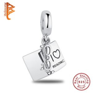 Otantik 925 ayar gümüş ben gözlük ile okuma seviyorum Dangle charm boncuk fit orijinal pandora bilezikler kolye DIY takı Q0531