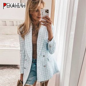 ZA Blue Tweed blazer Women Fashion Turn-down Collar Double Breasted suit Coat Female office Casual Outerwear 211006