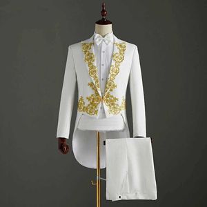 (Ceket + Pantolon) 2 Parça Düğün Takım Elbise Beyaz Nakış Tailcoat Set Şarkıcı Ana Swallowtail Kostümleri Sihirbaz Korosu Sahne Takım Elbise X0909