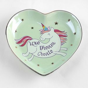 Pequeno coração forma unicórnio cerâmica doces porcelana pires anel de jóias prato decorativo placa bandeja