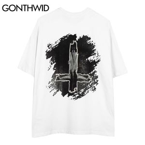 Gonthwid T-Shirt Streetwear Rahat Harajuku Gotik Çapraz İsa Tanrı Baskı Kısa Kollu Tees Hip Hop Gevşek Moda Yaz Tops C0315