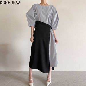 KorejPAA Kadın Setleri Yaz Kore Mizaç Yuvarlak Boyun Gevşek Puf Kol Çizgili Elbise Yüksek Bel Yan Bir Düğme Apron 210526