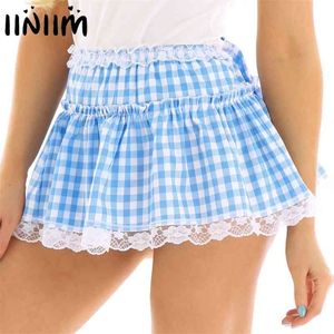 Erkekler Kadınlar Seksi Clubwear Kostüm Dans Etekler Elastik Kemer Kısa Dantel Hem Pileli Gingham A-Line Mini 210621