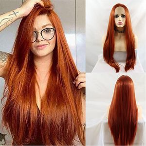 Реалистичные длинные прямые синтетические кружева передние парики медный оранжевый красный розовый белокурый желтый натуральный вид высокотемпературного волокна для женщин
