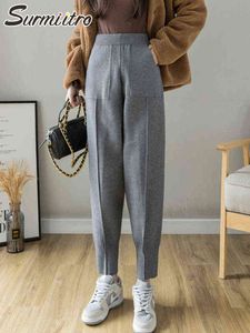 Surmiitro 2021 moda outono inverno longo harém lápis calças mulheres estilo coreano tornozelo torto alta cintura calças feminina sweatpant y211115