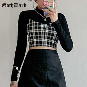 Goth Koyu Gotik İki Adet Setleri Skinny Siyah Balıkçı Yaka Uzun Kollu Kadın Kırpma Ekose Kaşkorse Streetwear Ile T-Shirt Tops Y0621