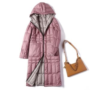 Розовый длинный пуховик женщины зима тонкий теплый двухсторонний пальто женский ультра легкий парку с капюшоном дамы пальто 210913