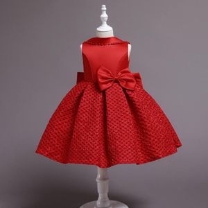 Kızın Elbiseleri Bebek Kız Saten Ekose Prenses Elbise Çiçek Vintage Büyük V-Şekil Yay Pageant Çocuk Doğum Günü Partisi Balo Noel Kırmızı