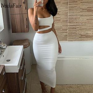 Nadafair Bandaj Kapalı Omuz Kadın MIDI Bodycon Elbise Seksi Kulübü Siyah Haki Beyaz Parti Yaz Elbise Kadın İki Parti Seti X0521