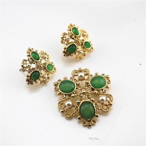 Küpe Kolye Yeşil Yarı Değerli Taşlar İmitasyon İnci Broş 925 Gümüş İğne Kulak Klipler Kazak Zincir Seti