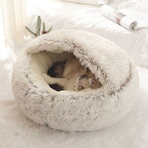 Long Plush Cat Bed warm comfort Round Cat house 2 In 1Warm Sleeping Bag comfy calming pet bed for cats Pet supplies 210713