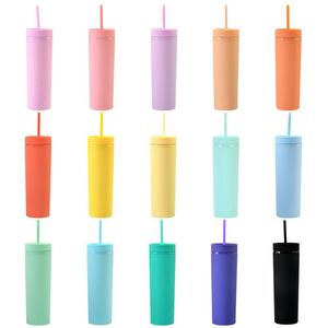 New 16oz Skinny Tumbler Matte Colorful Acrylic Mug with same color Lid and Straw Jelly Double Wall Plastic Tumblers Cleaner Reusable Cup in Bulk Wholesale