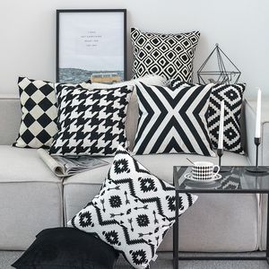 Casa decorativa capa de almofada bordada preta branca lona de algodão quadrado bordado bordado capa 45x45cm para sofá-cama cadeira 210315