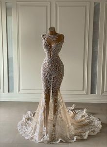 Tamanho brilhante de tamanho árabe aso ebi luxuoso vestidos de noiva de renda de renda See através de vestidos de festa nupcial